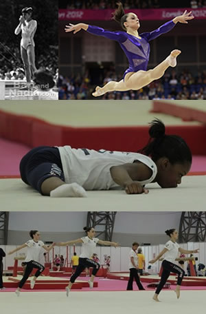 Modest gymnastics leotards on Nadia Comaneci and Team USA at London 2012 Olympics